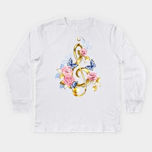 Musical Key with Pink Roses Kids Long Sleeve T-Shirt